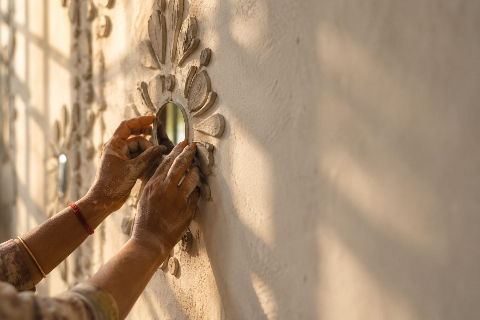 An artist setting a mirror into a clay relief wall